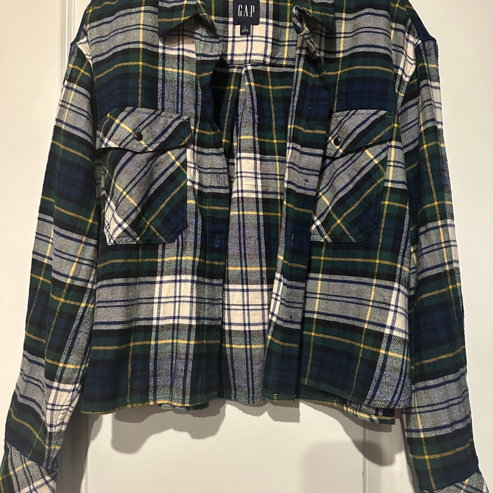 GAP Cropped Flannel Shirt in Blue and Green Plaid